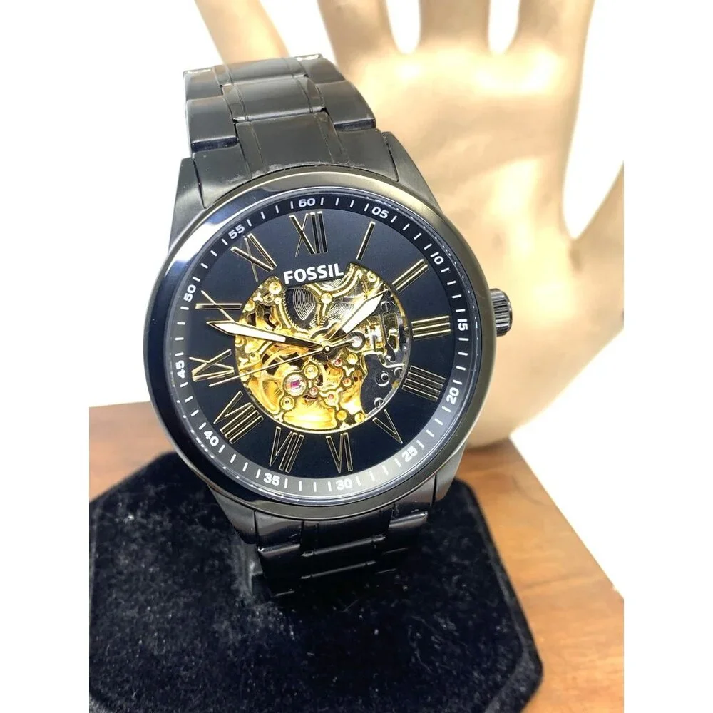 Fossil Men's Watch BQ2092 Flynn Automatic Gold Black Dial Stainless Steel 48mm